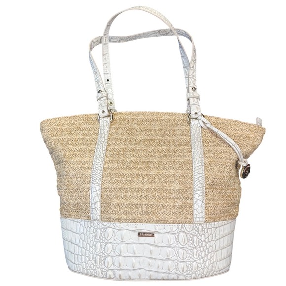 Brahmin Woven Straw Tote White Croc Embossed Leather Shoulder Bag - Picture 2 of 9